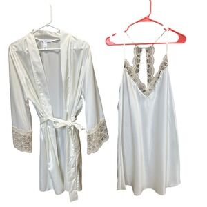 Flora by Flora Nikrooz White Satin Robe and Lace Chemise Set Heart Lace wedding